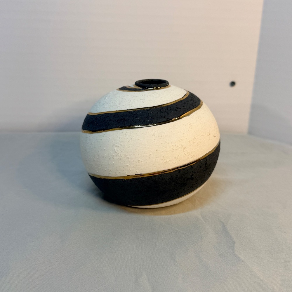 Modern Textured Ceramic Sphere Bud Vase White Black Gold Swirl Minimalist Decor